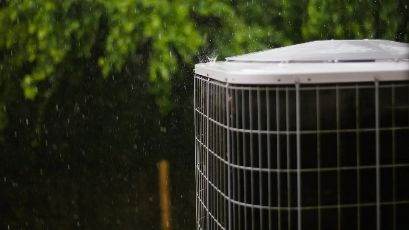 Uma unidade externa de ar-condicionado na chuva, com árvores verdes atrás