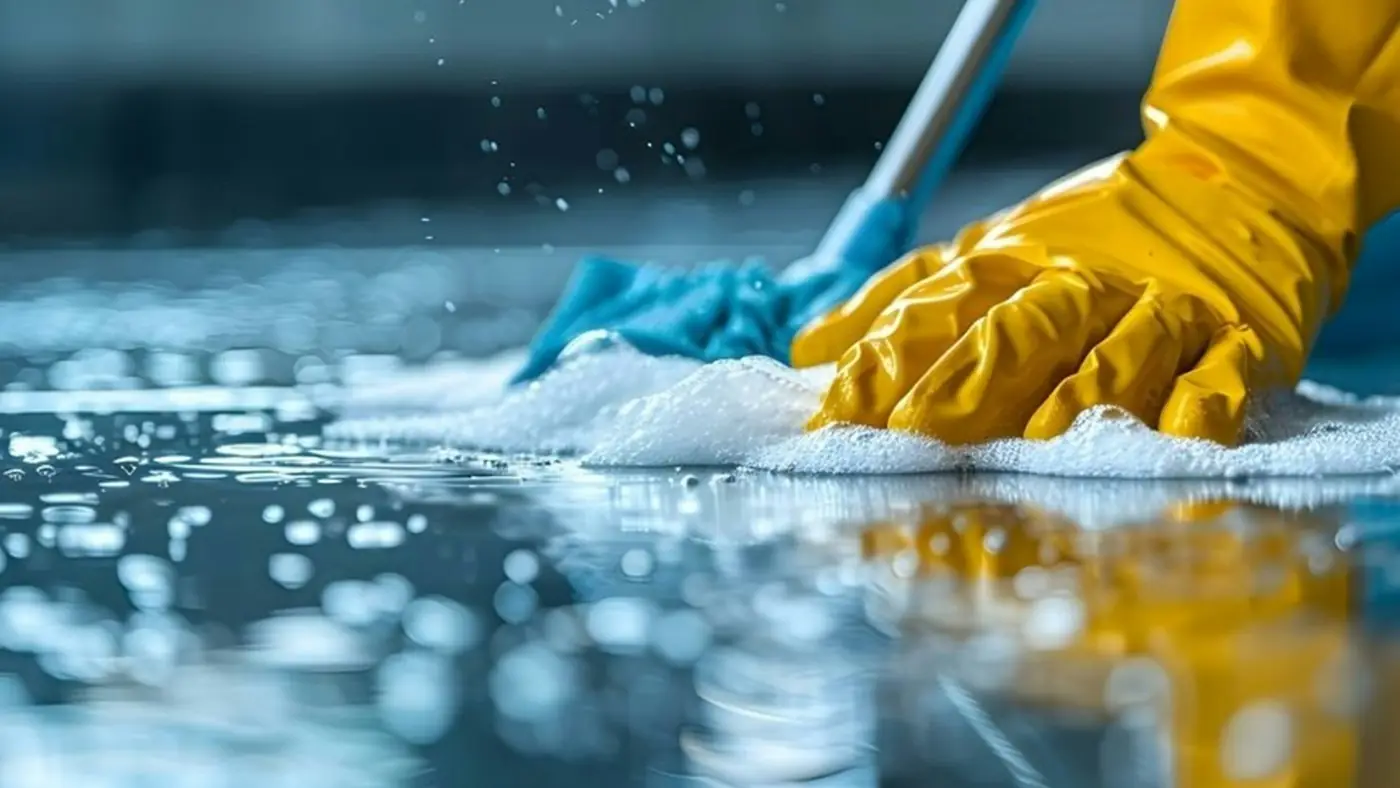 Una mano con guante amarillo de goma y un trapeador azul sobre un piso mojado y con espuma